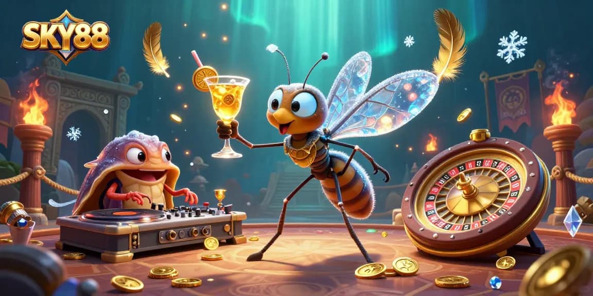 Experience thrilling gaming at SKY88 with a stunning 3D cartoon casino illustration featuring unique characters and dynamic scenes.