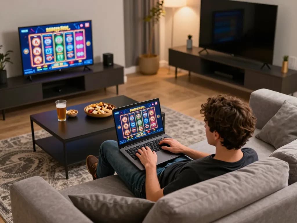 This home gaming scene highlights engagement with bonus buy slots UK on a laptop.