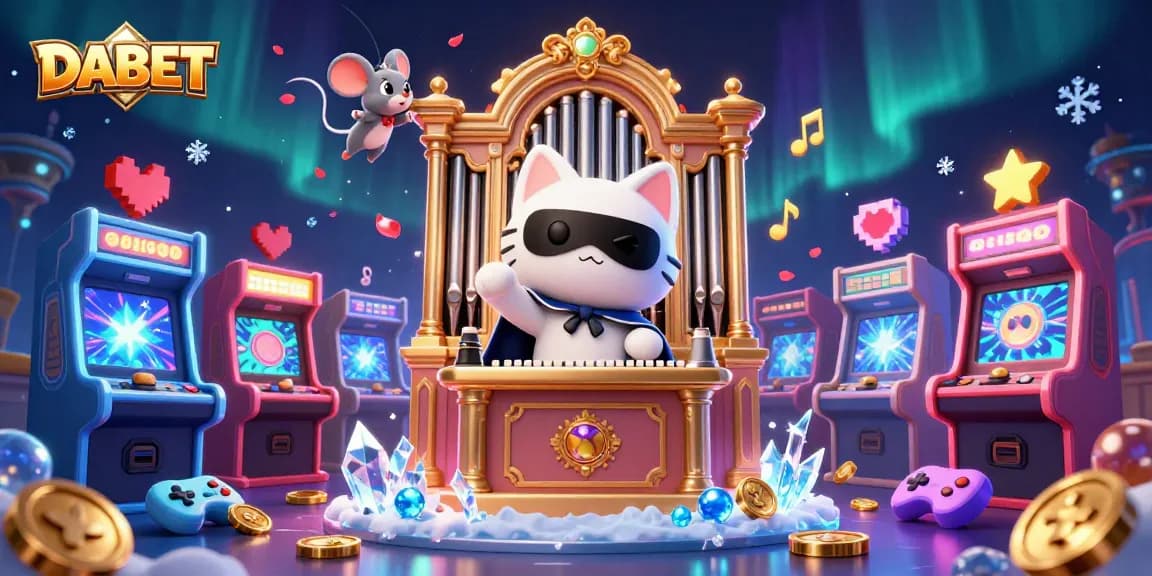 DABET showcases an enchanting casino scene featuring a masked cat at an organ accompanied by lively game elements.
