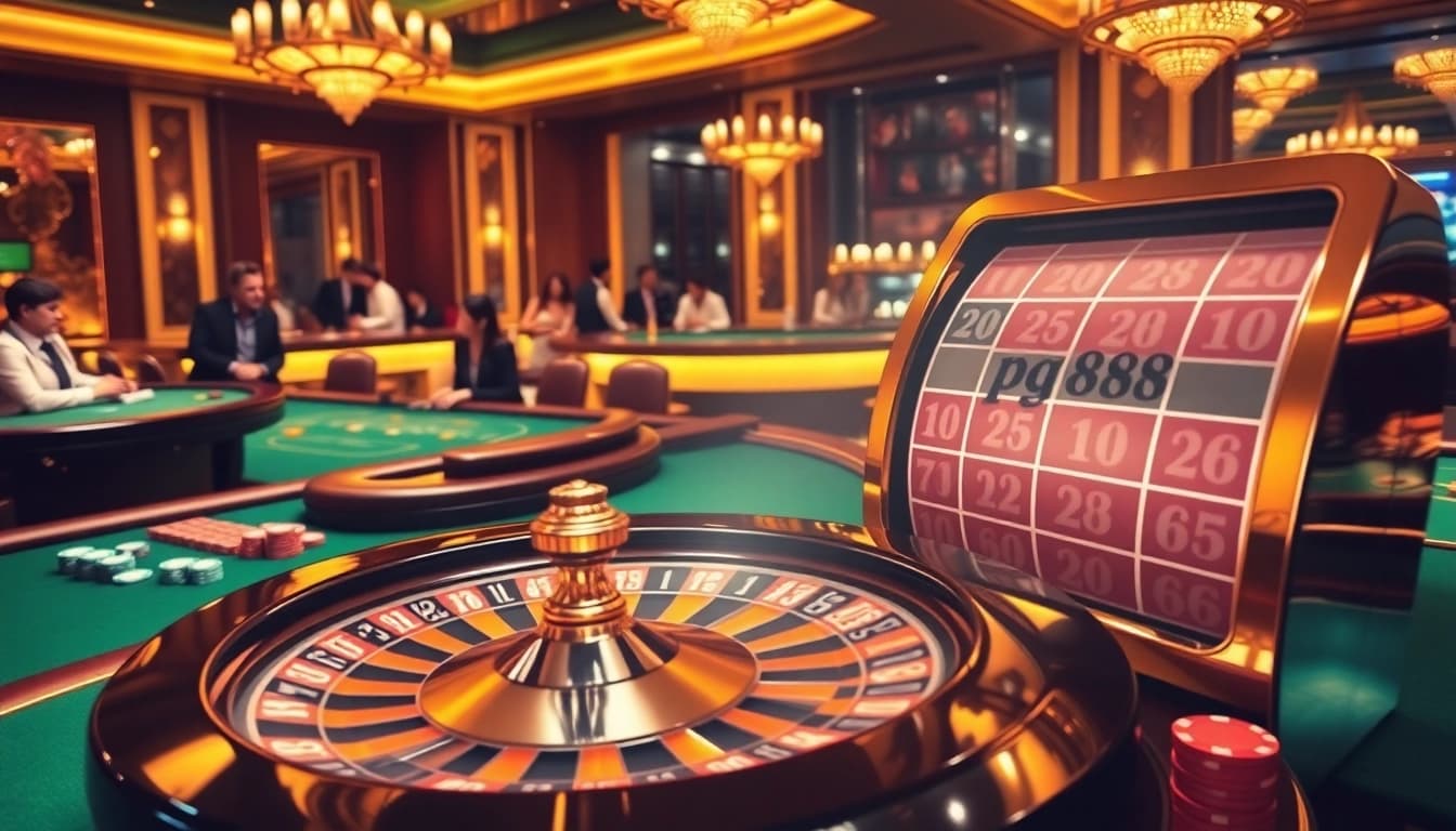 Experience the thrill of pg88 gaming with luxurious casino tables and vibrant roulette wheels.