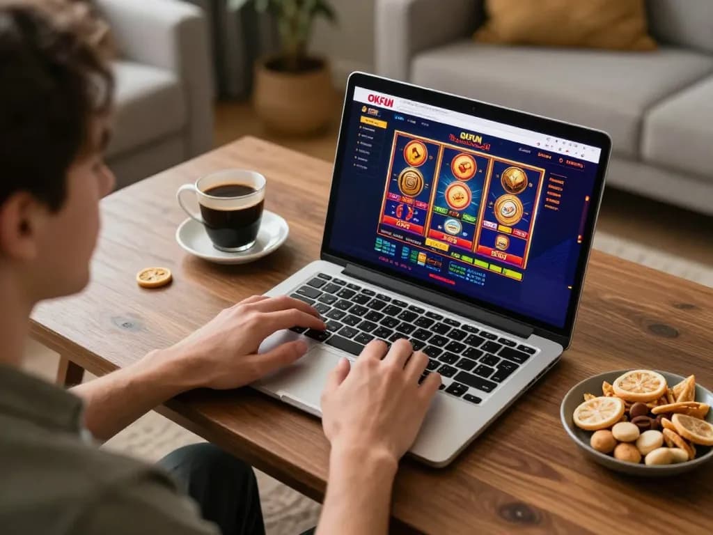Engaging with OKFUN online casino while enjoying a cozy home setup during gameplay.