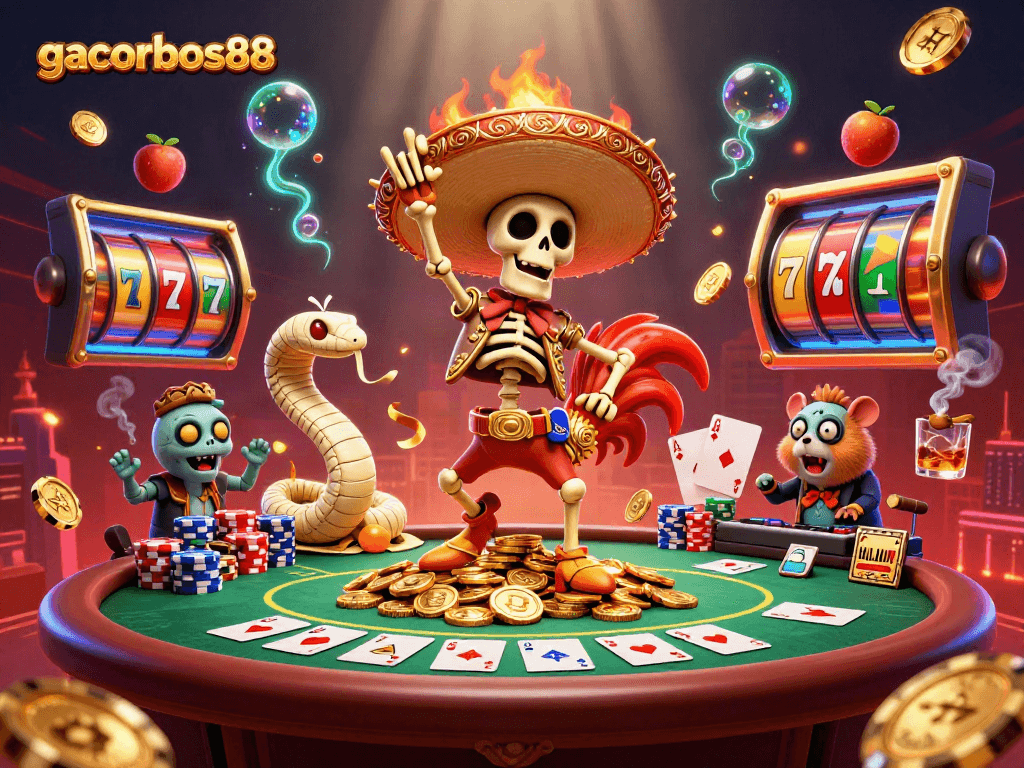 Experience gacorbos88 with a lively 3D illustration of a victorious mariachi rooster dancing amidst casino treasures.