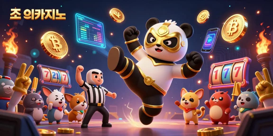 Join the excitement at 조이카지노 with a festive illustration of a panda wrestler celebrating wins amidst vibrant gaming elements.