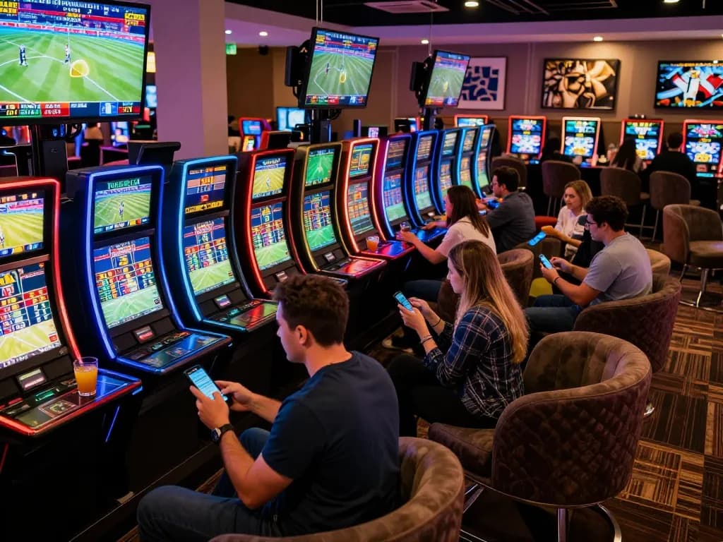 View of open888 sports betting lounge with patrons engaged in live betting and discussions.