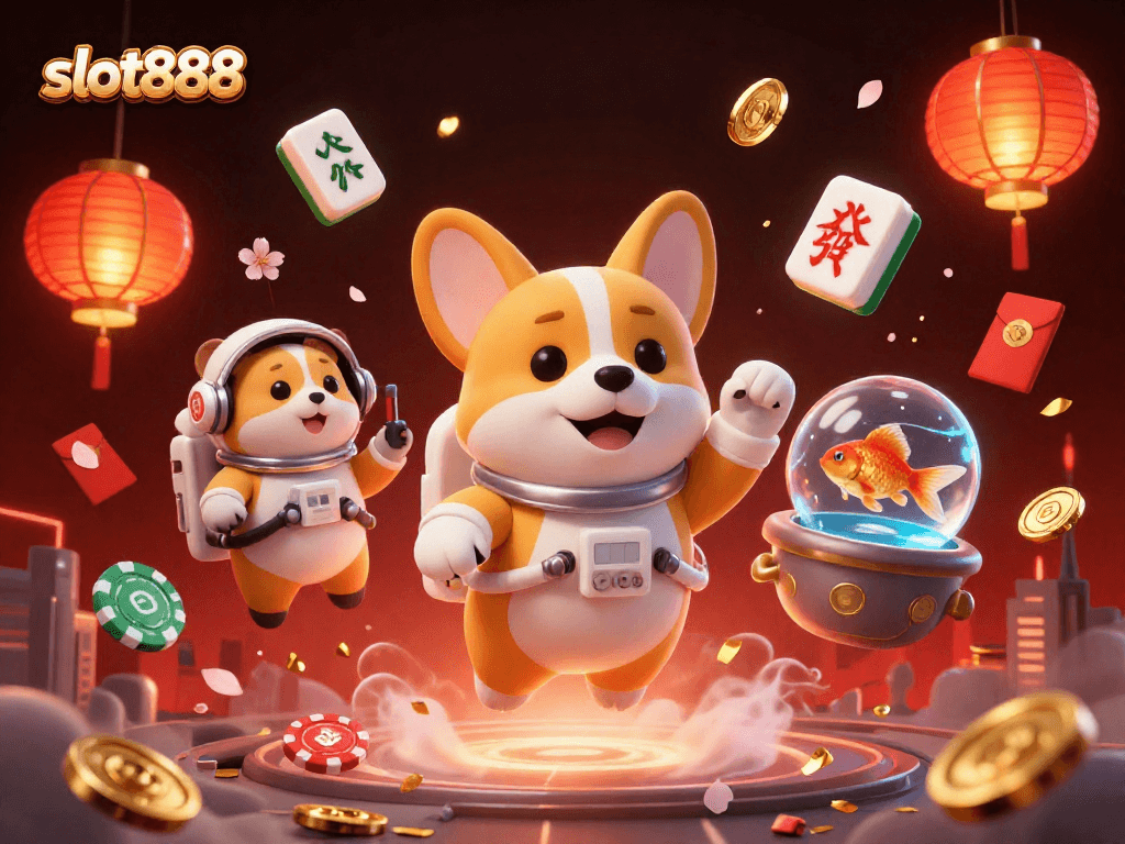 Menangkan jackpot di slot888 dengan simbol beruntung dan koin emas mengelilingi astronaut corgi di dalam kasino luar angkasa.