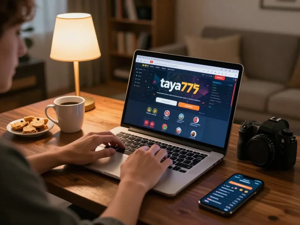 Player enjoying the taya777app on a laptop at home, surrounded by snacks and warm lighting.
