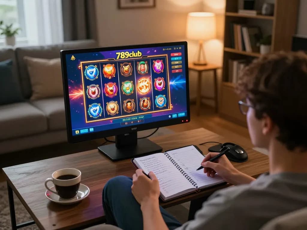 Engaged user enjoying 789club's online casino games on a tablet, surrounded by a cozy home setting.