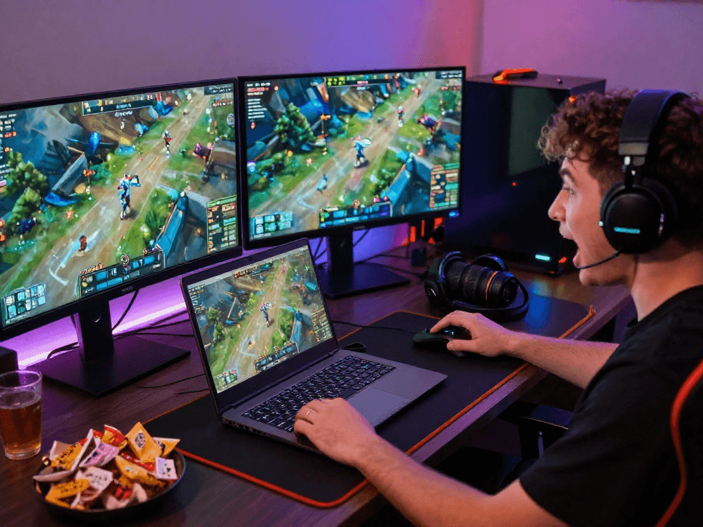 Player enjoying MPOCASH blog gaming experience with laptop, headset, and vibrant lighting