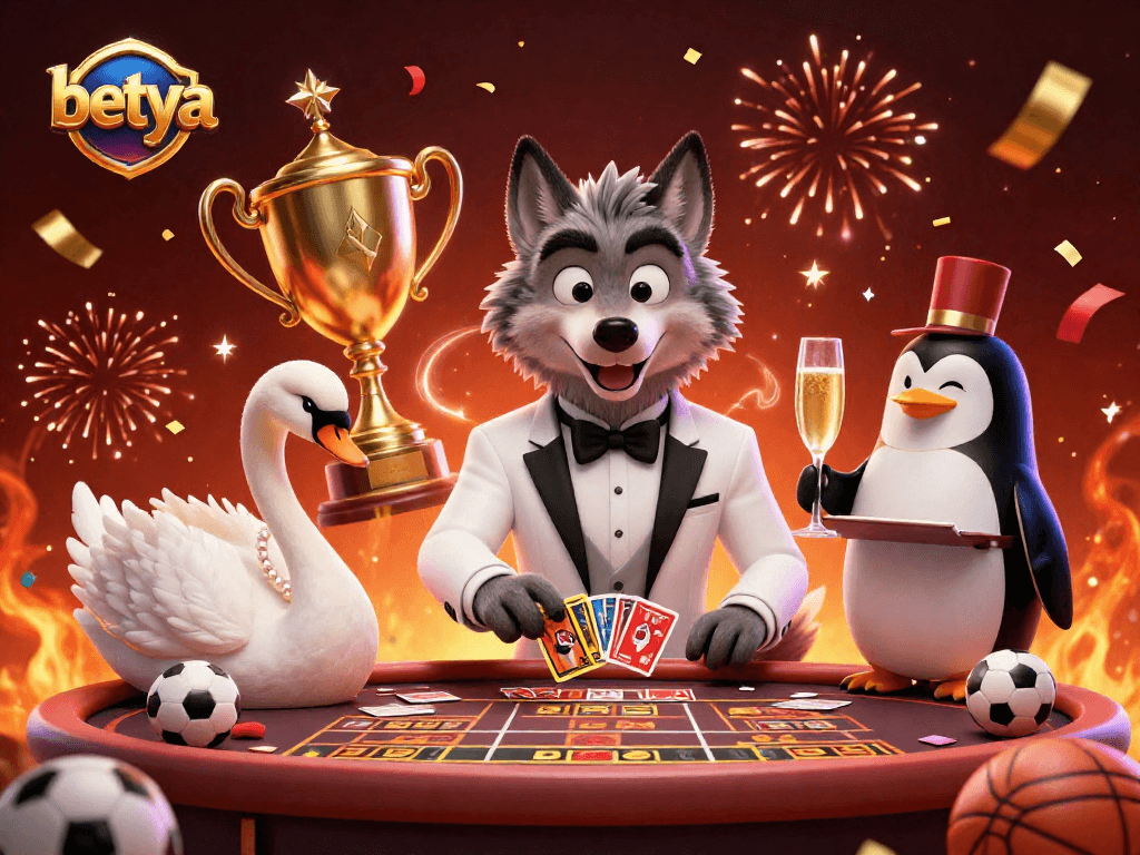 Betya showcases an exciting scene with a wolf, swan, and penguin at a vibrant basketball betting table.