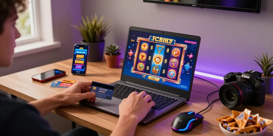 Experience the excitement of credit card casinos at https://dea.org.uk with a gamer enjoying online slots and bonuses.