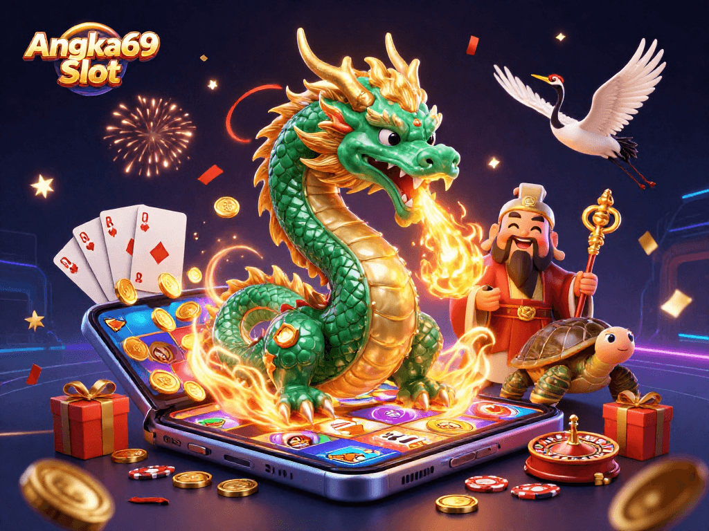 Experience Angka69 Slot with a dynamic illustration featuring a dragon, sage, and cranes in a casino-themed scene.