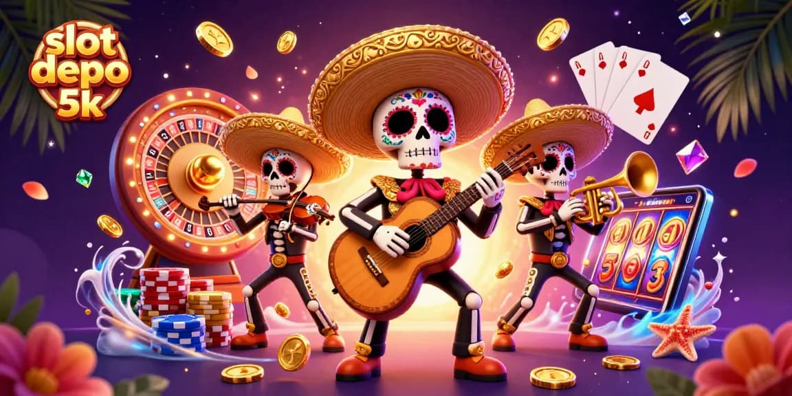 Slot depo 5k menampilkan kasino online dengan band mariachi 3D berwarna cerah dan koin emas berhamburan.