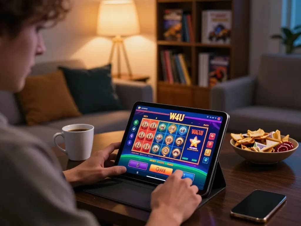 Engaging user playing W4U app on tablet for online gaming experience with cozy atmosphere.