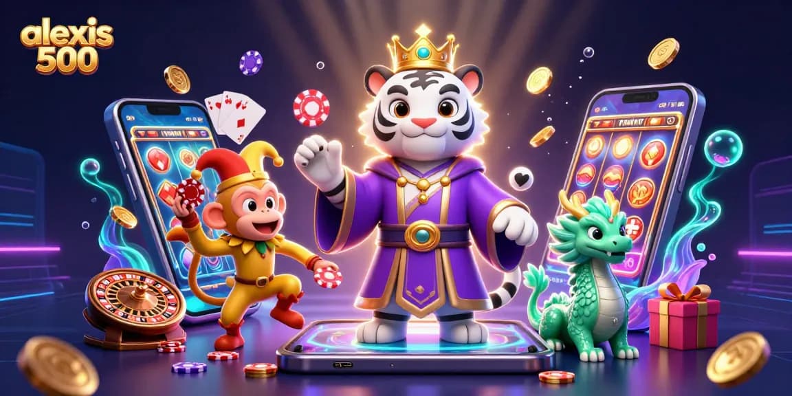 Engage in exciting gameplay with alexis 500, featuring a majestic tiger, a joyful monkey juggling chips, and a dragon, combining slots and casino fun.