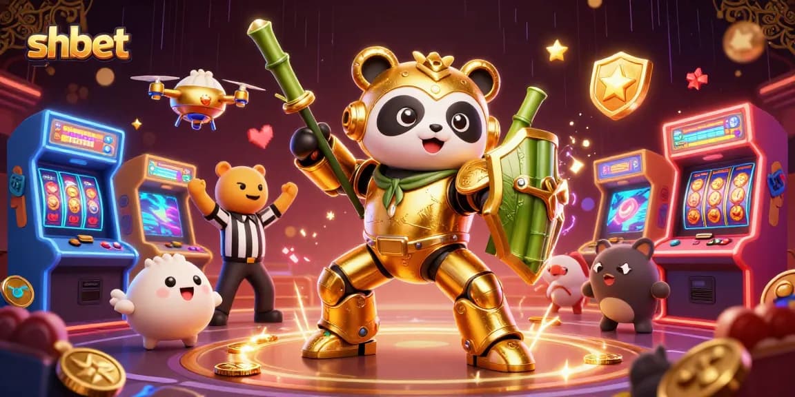 Engage with shbet's vibrant casino world featuring a dynamic panda in action amidst thrilling game elements.