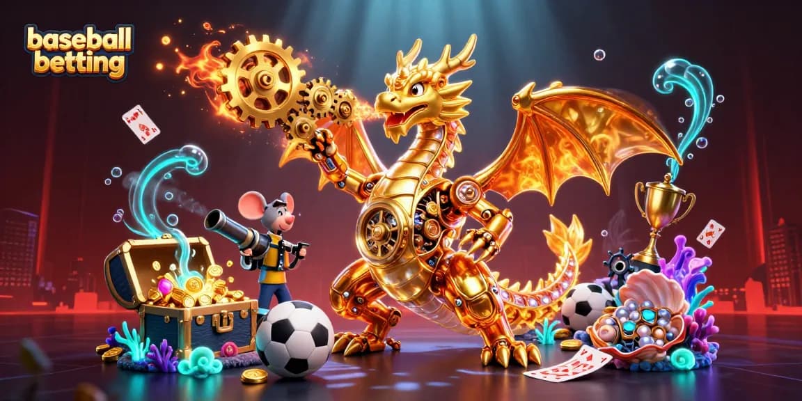 Enhance your baseball betting experience with this dynamic 3D illustration filled with vibrant casino elements.