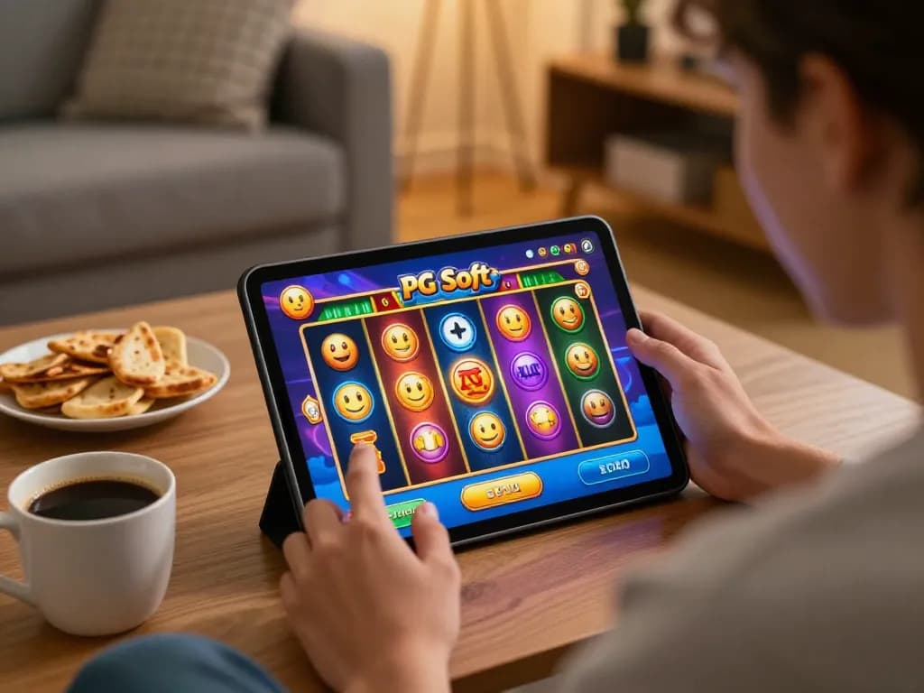 Bermain permainan slot PG Soft Demo Gratis di tablet dalam suasana rumah yang nyaman