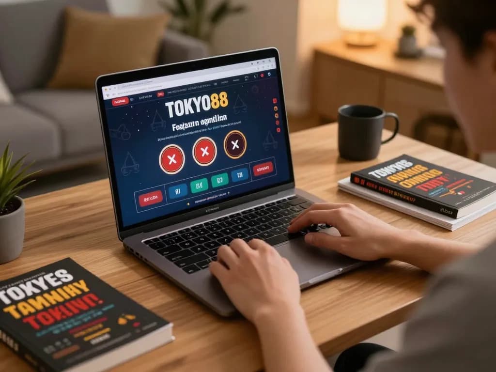 Pengaturan permainan online TOKYO88 yang menunjukkan laptop dengan antarmuka kasino dan catatan strategis
