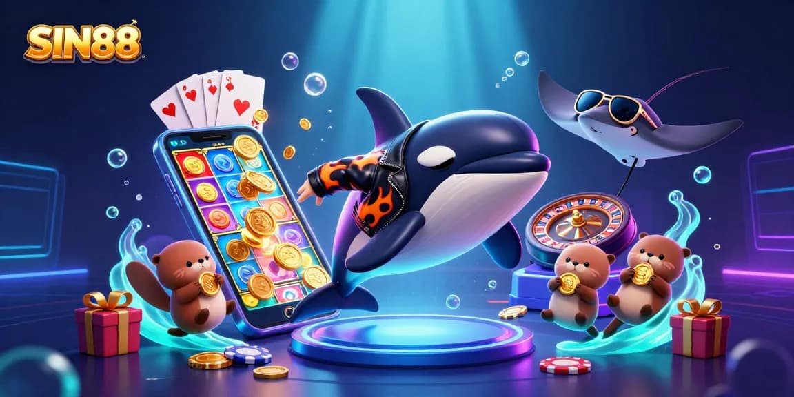 SIN88 slots come alive with an orca, stingray, and otters, celebrating wins among gold coins.