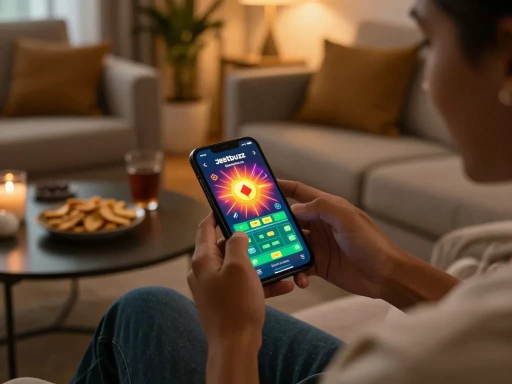 Engaging with the Jeetbuzz Download App on a smartphone while enjoying a cozy home setting and snacks.