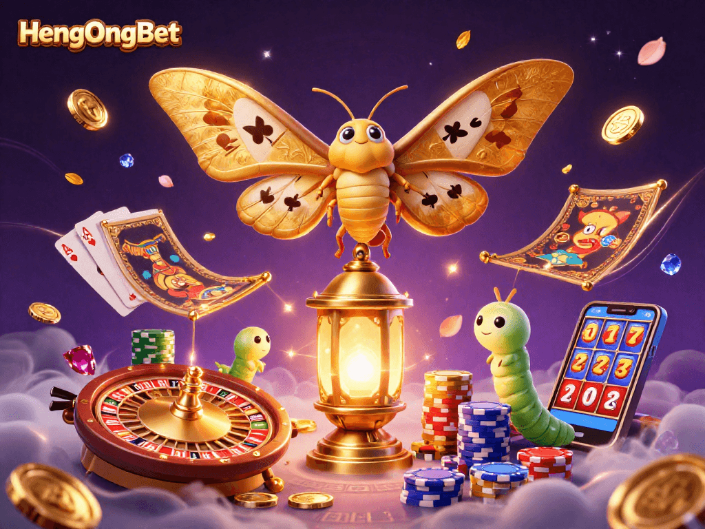Experience thrilling gameplay with HengOngBet as golden coins and vibrant casino elements surround the majestic moth.