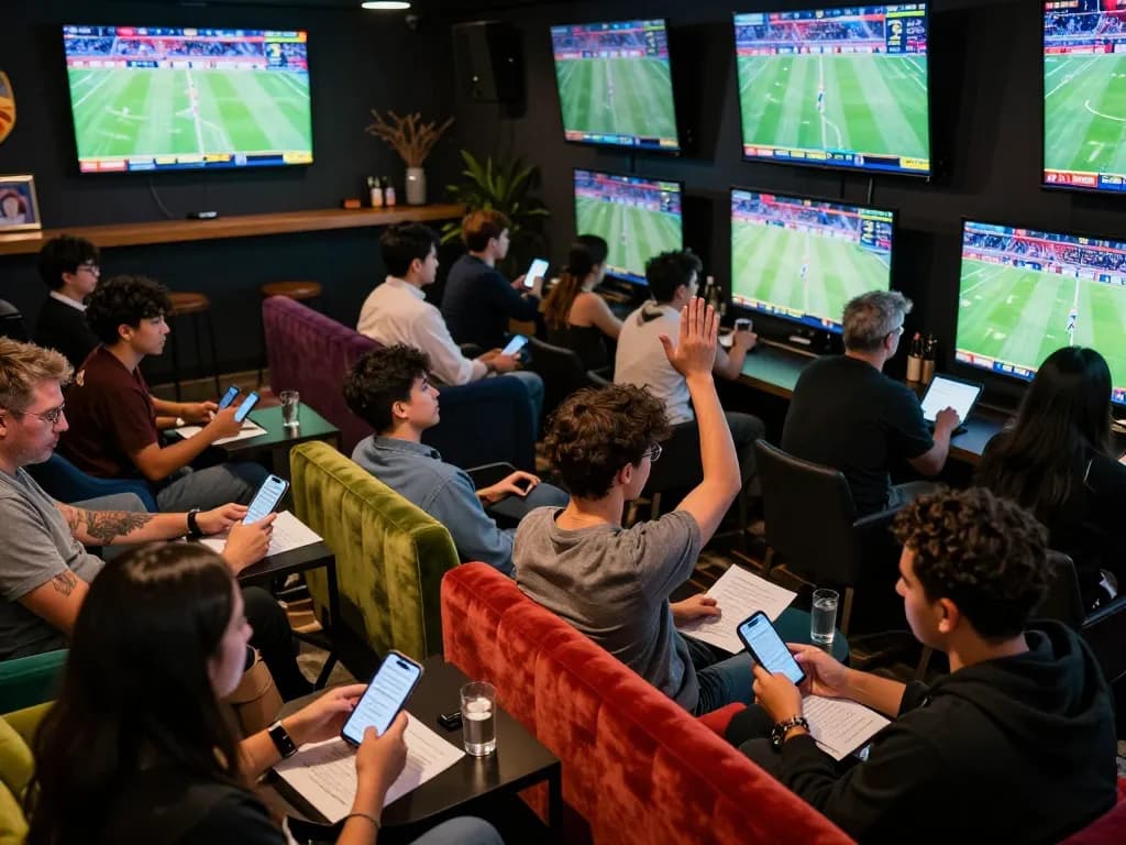 Bet on exciting sports events at 5679 betting lounge with engaged players analyzing odds.