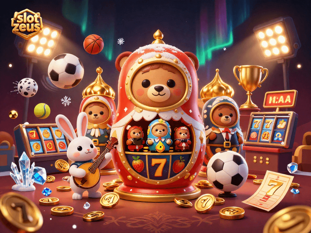 Experience the excitement of slot zeus with vibrant characters and casino elements in a 3D illustration.