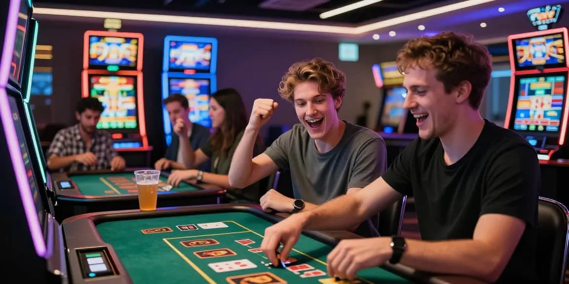 Players enjoying a lively night at an online credit card casino, celebrating wins with excitement and snacks, showcasing the energy of https://jumpspace.org.uk.