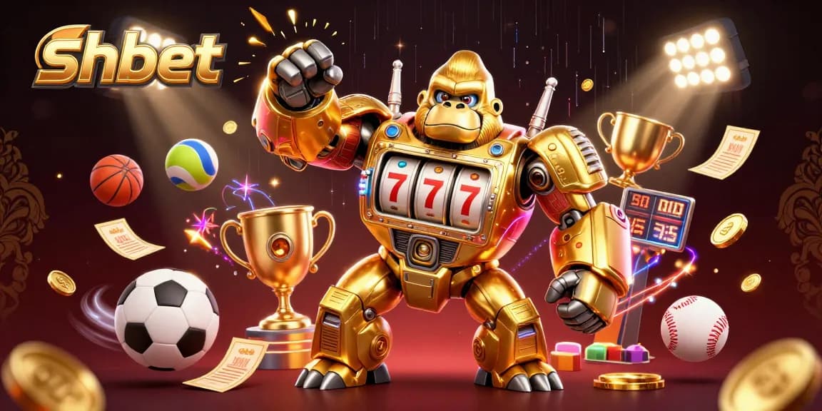 Engage in thrilling action with shbet's golden gorilla mech as it punches and generates excitement among vibrant sports elements.
