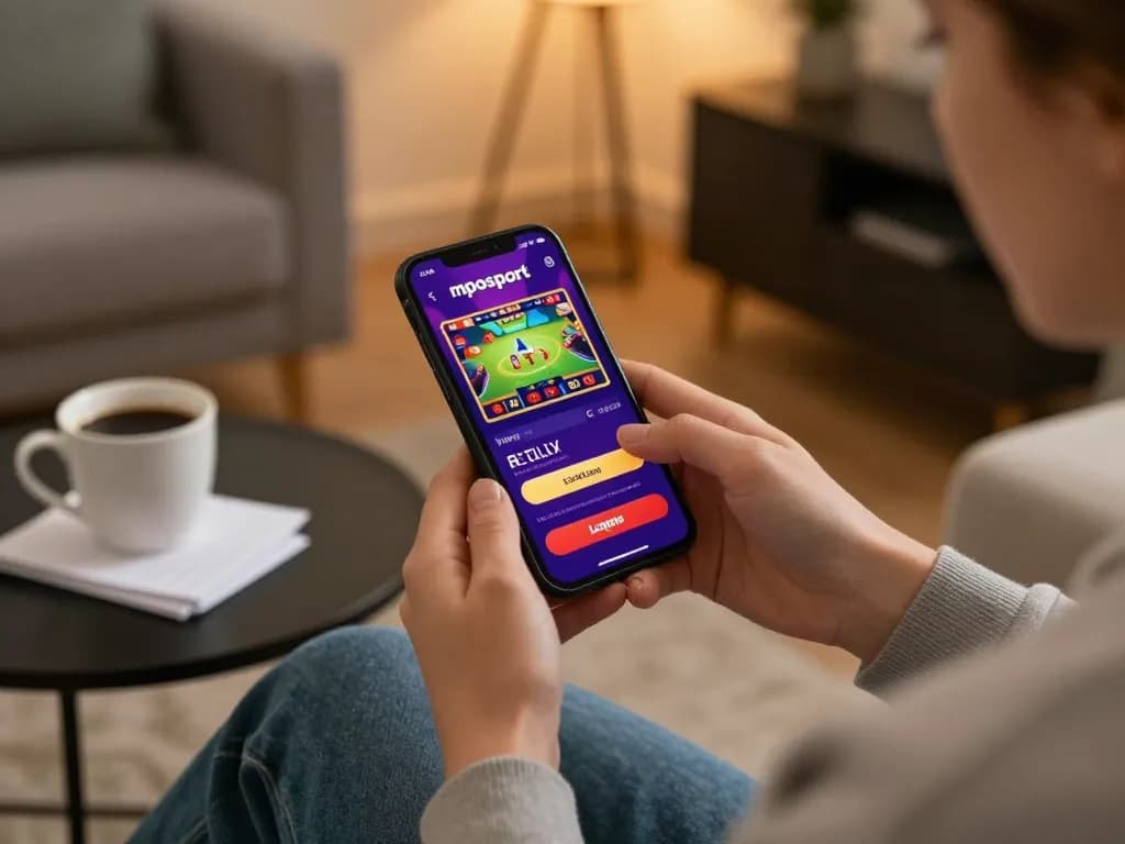 Engaging mposport login scene with a user accessing online casino entertainment on a smartphone in a cozy setting.
