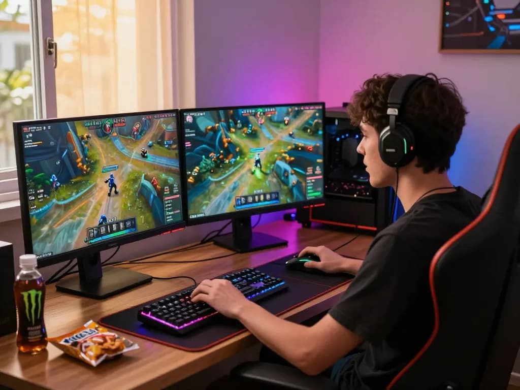Player enjoying thrilling gaming experience on DEWI123 with vibrant monitors and gaming setup.