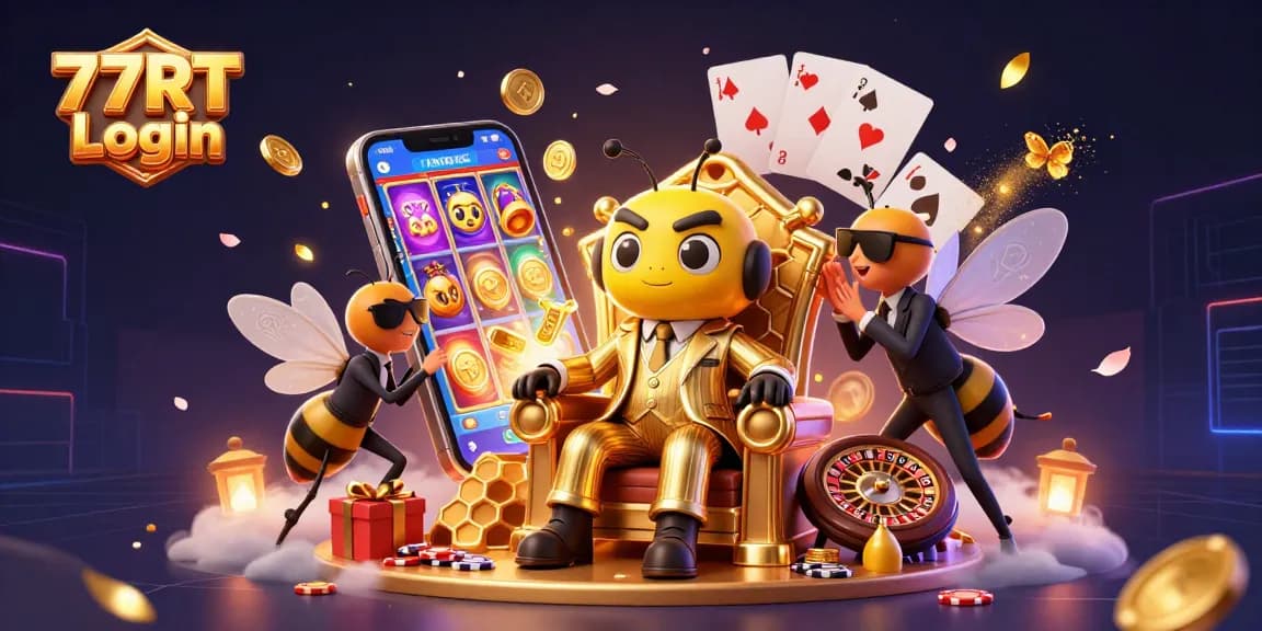 Engage in thrilling gameplay with 77RT Login as a bumblebee mob boss oversees a dynamic casino scene.