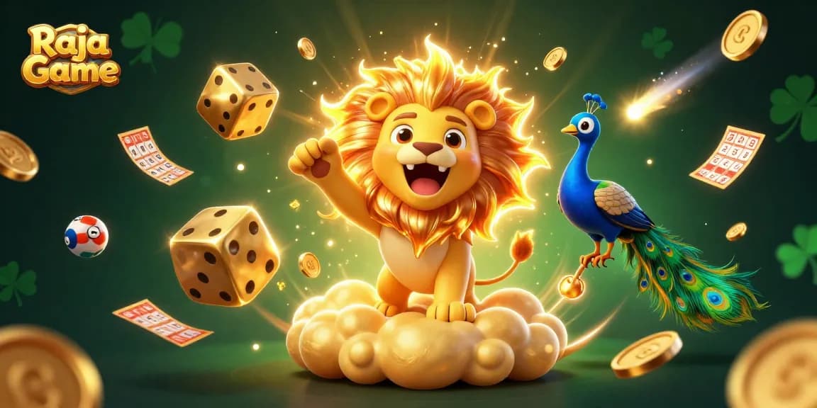 Experience the excitement of Raja Game with dynamic lottery balls and shimmering coins flying in a vibrant casino scene.