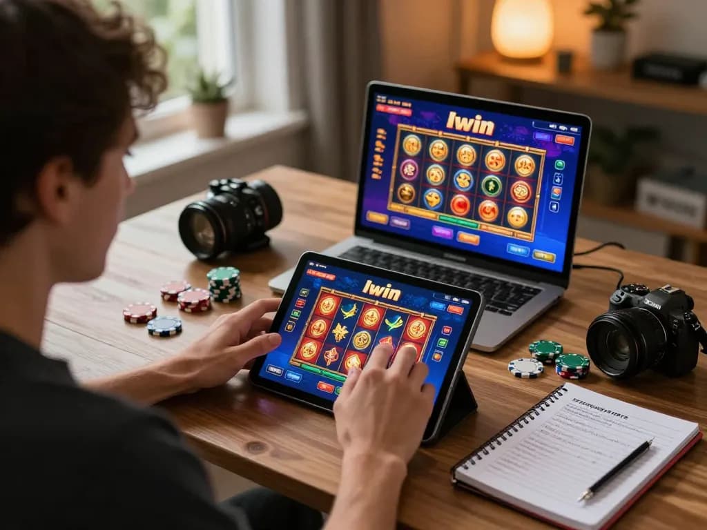 Iwin online slot game player enjoying home gaming experience with tablet.
