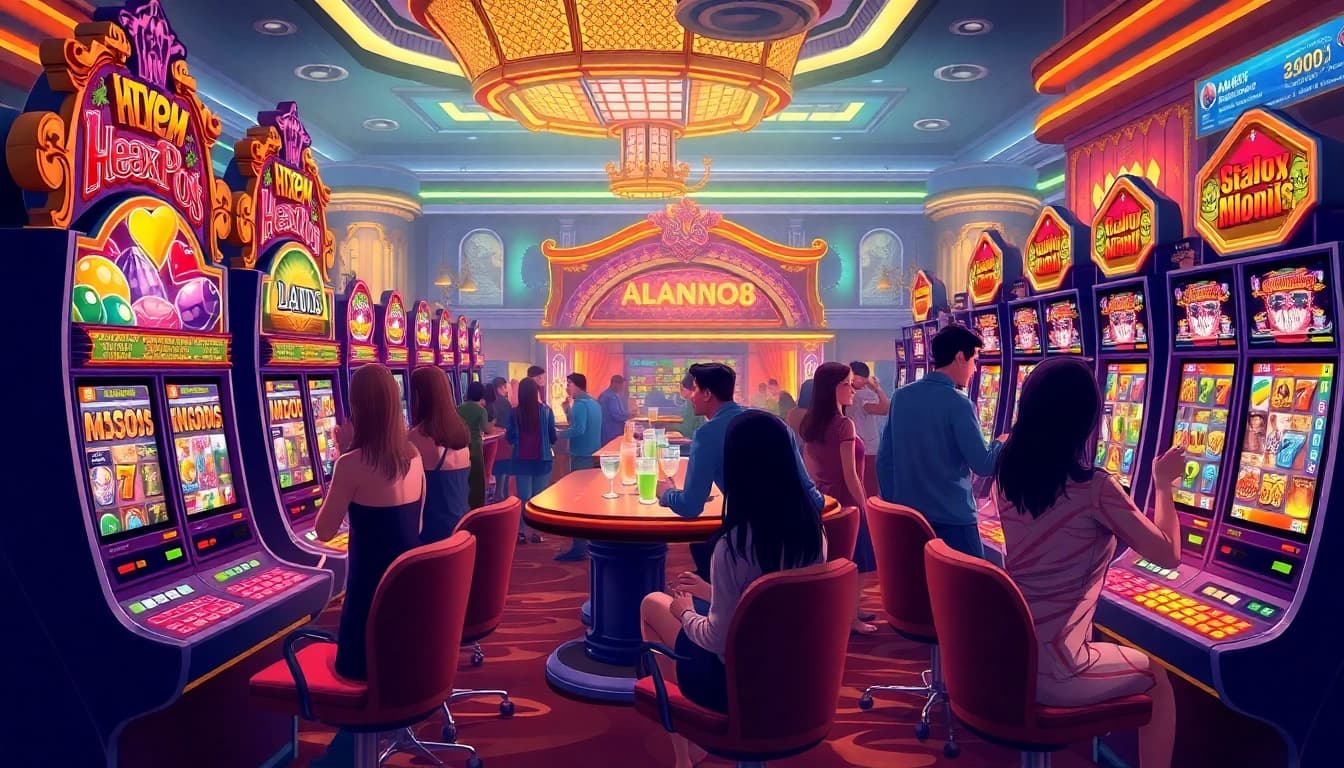 Pemain menikmati mesin slot yang bersemangat di kasino AMAN788 dengan antusiasme untuk jackpot.