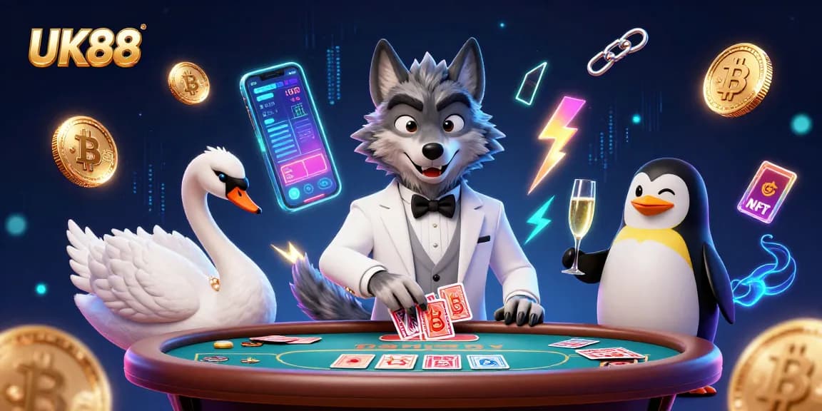 The UK88 casino scene showcases a debonair wolf, elegant swan, and penguin sommelier surrounded by crypto elements.