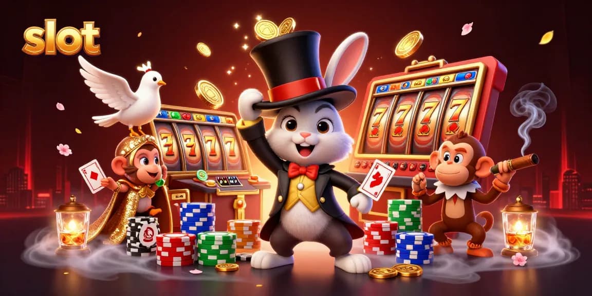 Menggoda pemain slot dengan ilustrasi berwarna-warni dari kelinci pesulap, burung merpati glamor, dan monyet nakal yang mencuri chip poker di kasino.