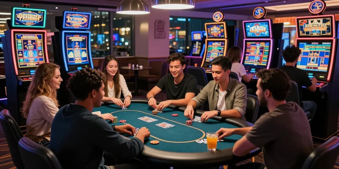 Friends enjoying games at new online casinos in the UK, vibrant gaming lounge atmosphere.