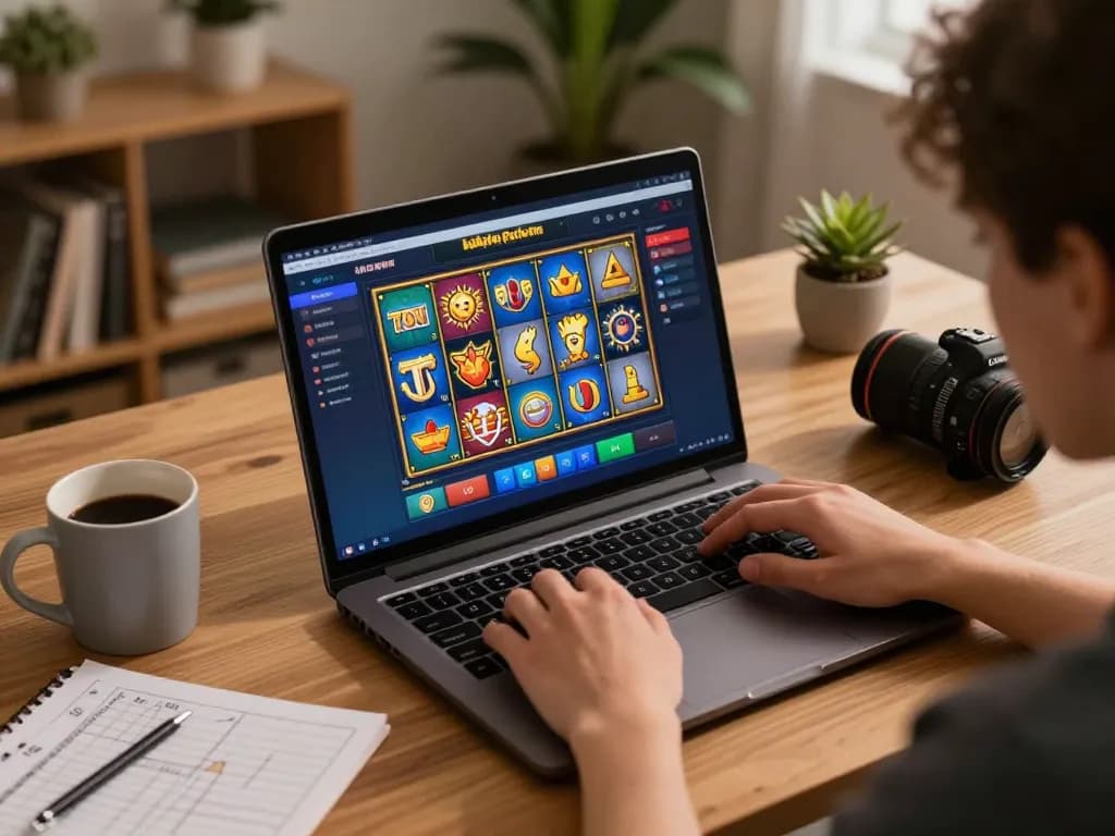 Player enjoying kdslot games on a laptop at home, highlighting an engaging online gambling experience.