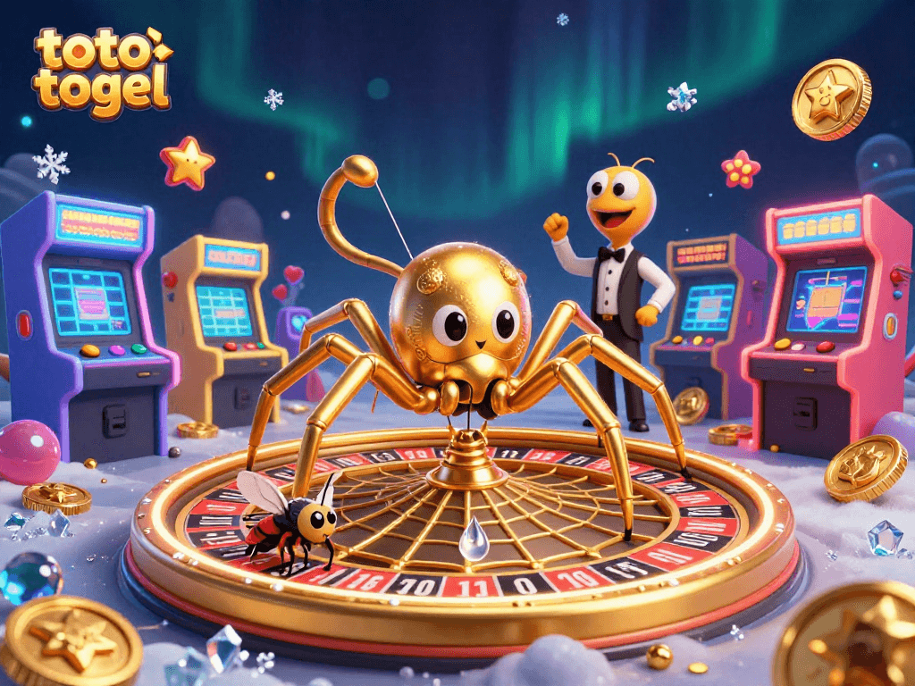 Engage in toto togel excitement with a golden spider and centipede croupier amidst dynamic arcade elements.