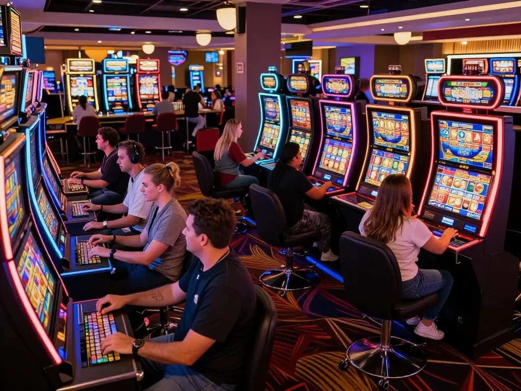 Players enjoying the excitement of link slot machines on a lively casino floor, with vibrant neon lighting.