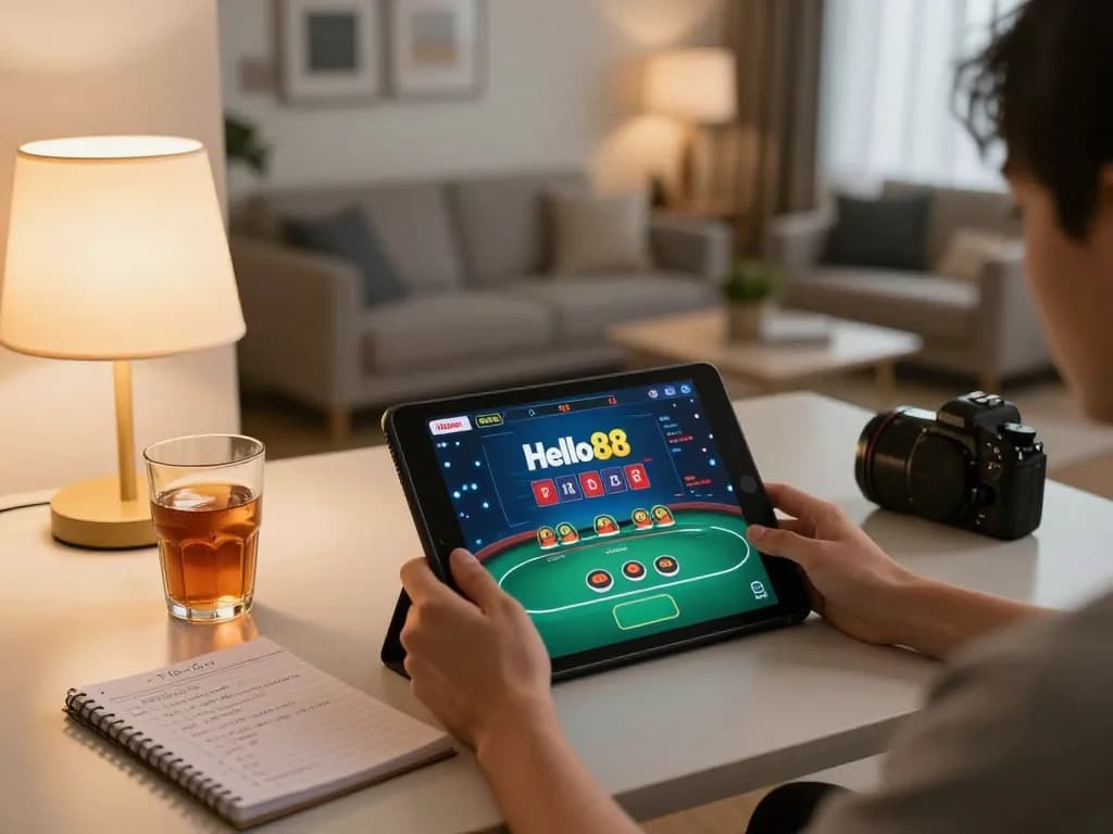 Hello88 players enjoying an online poker game on tablet with strategy notes on the table
