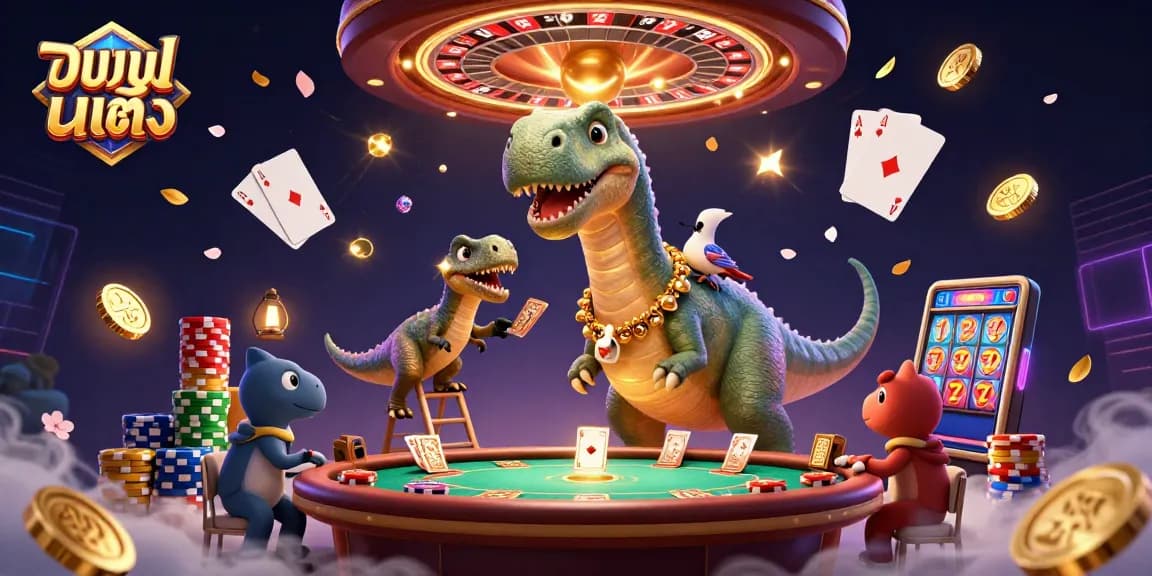 แทงบอลเต็ง betting action depicted with a cartoon dinosaur, raptor dealer, and vibrant casino elements
