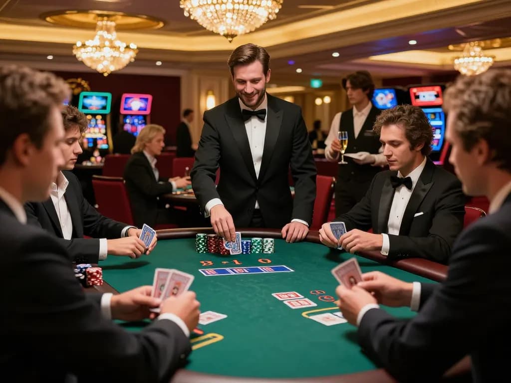 Engaged players at megaplus88 enjoy an exciting blackjack game in a luxurious casino setting.