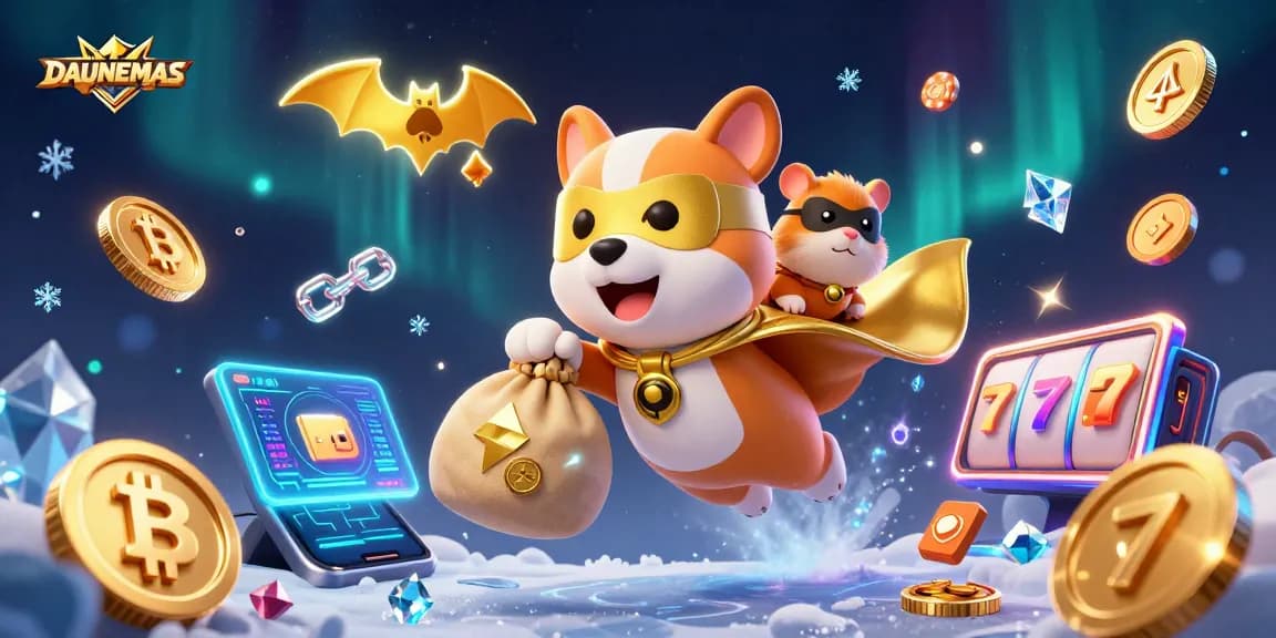 DAUNEMAS promotes thrilling gameplay with a superhero dog and hamster amidst crypto coins and slots illustrations.