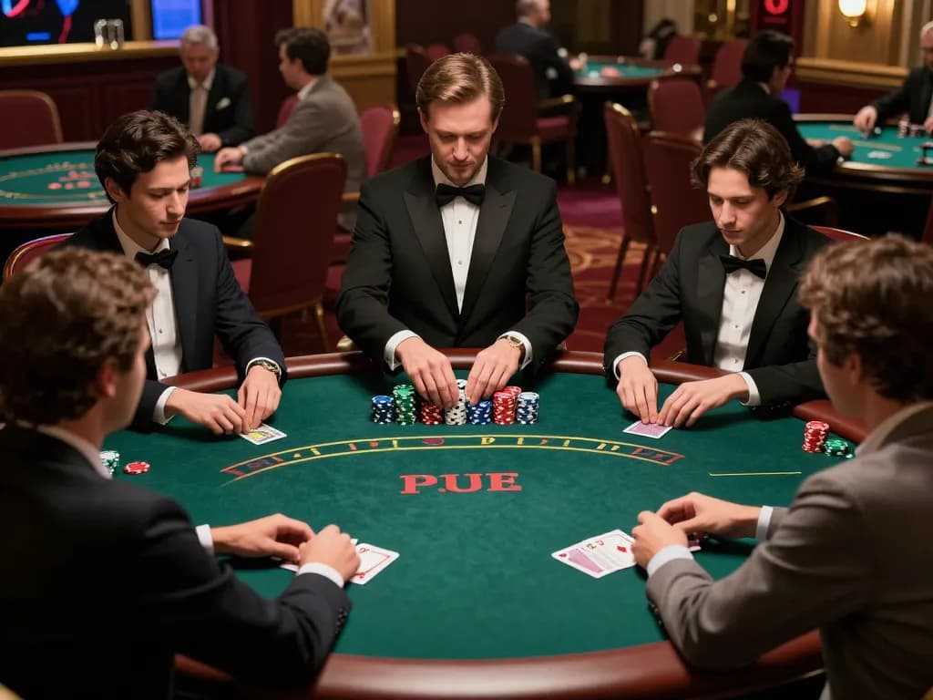 Pemain yang terlibat merancang strategi di meja poker dalam suasana kasino mewah, menunjukkan permainan yang intens.