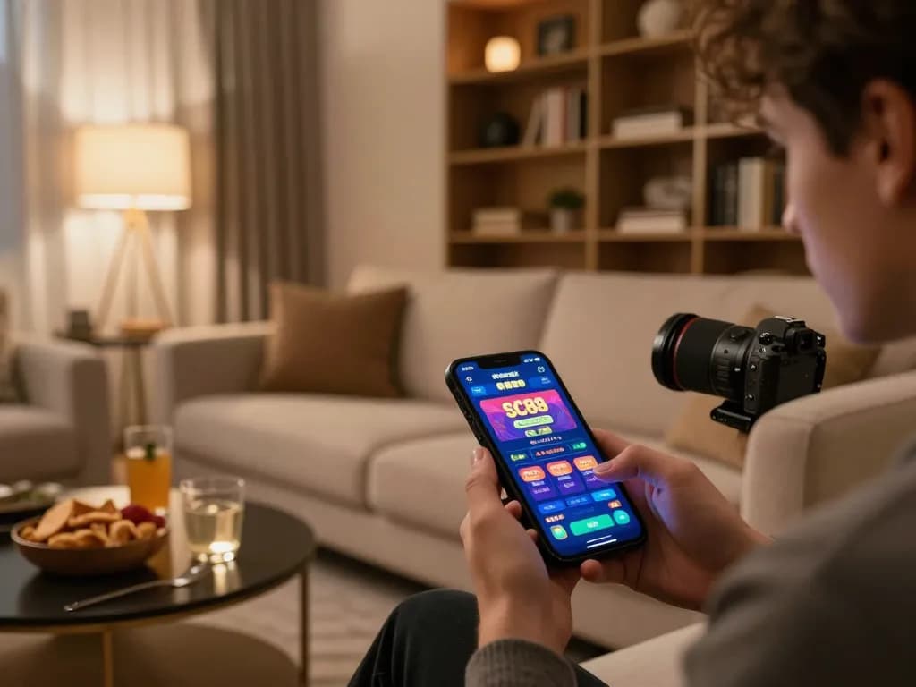 Engaged player enjoying mobile gaming on https://sc88.casino/ with a smartphone in a cozy setting