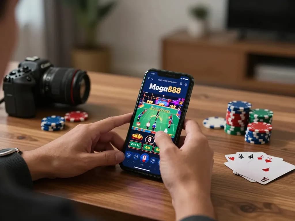 Versi asli Mega888 dipaparkan pada telefon pintar dengan permainan aktif, menunjukkan pengalaman kasino mudah alih yang menarik.