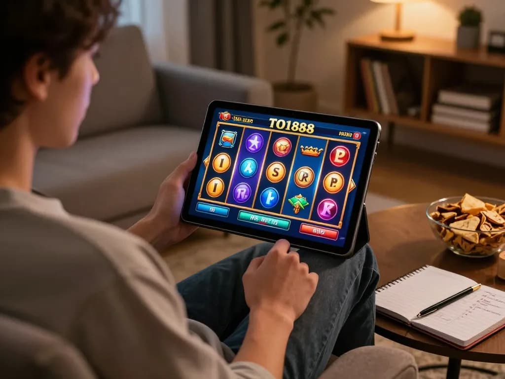 Engaging gameplay on TO188 slot game displayed on tablet in a cozy home setting, reflecting a responsible gaming approach.