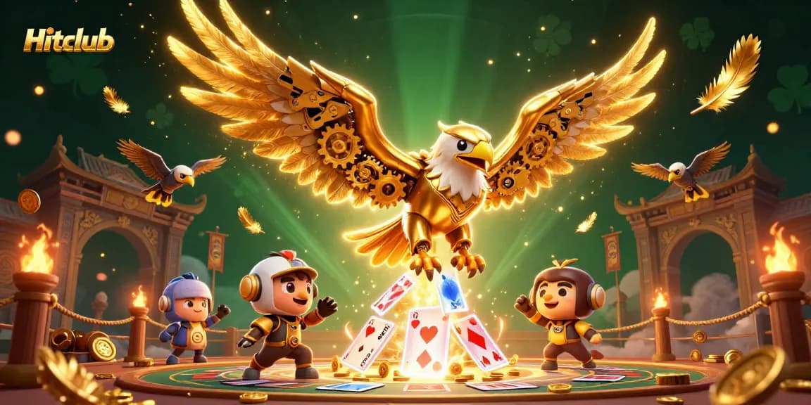Hitclub showcases a dynamic 3D scene with a golden eagle and holographic cards symbolizing thrilling online gambling.